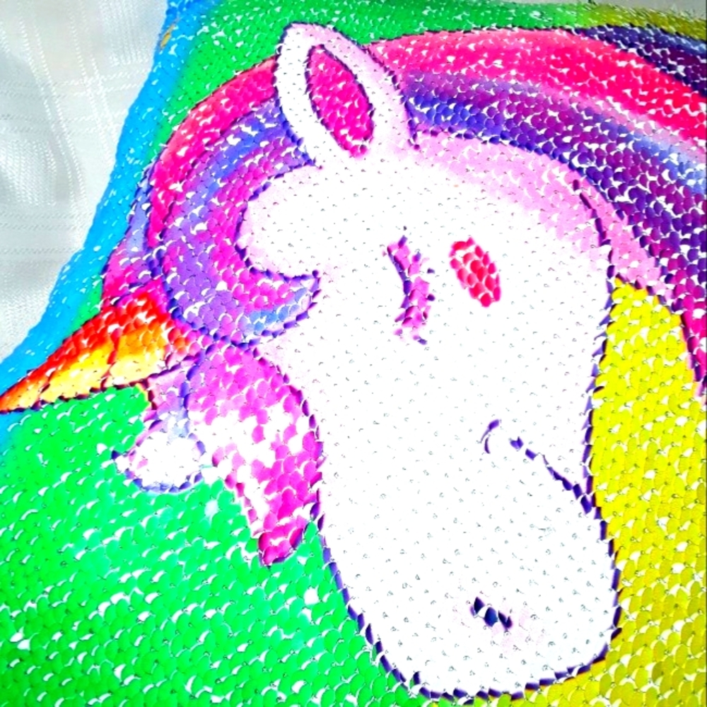 Unicorn Pillow Case Colorful Silver Rainbow Sequins w/ Zipper Kids Home Bedding - Picture 3 of 14